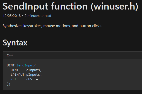 Docs for the Win32 SendInput function. Should be simple enough, right?