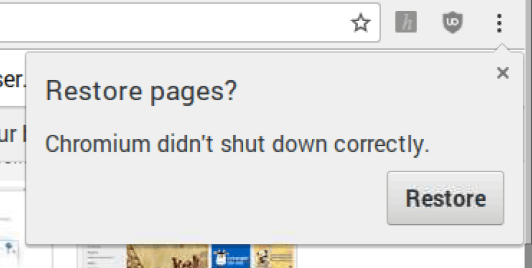 Chromium showing the restore pages popup