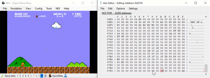 The BizHawk emulator playing Super Mario Bros., with a hex editor viewing the memory next to it.